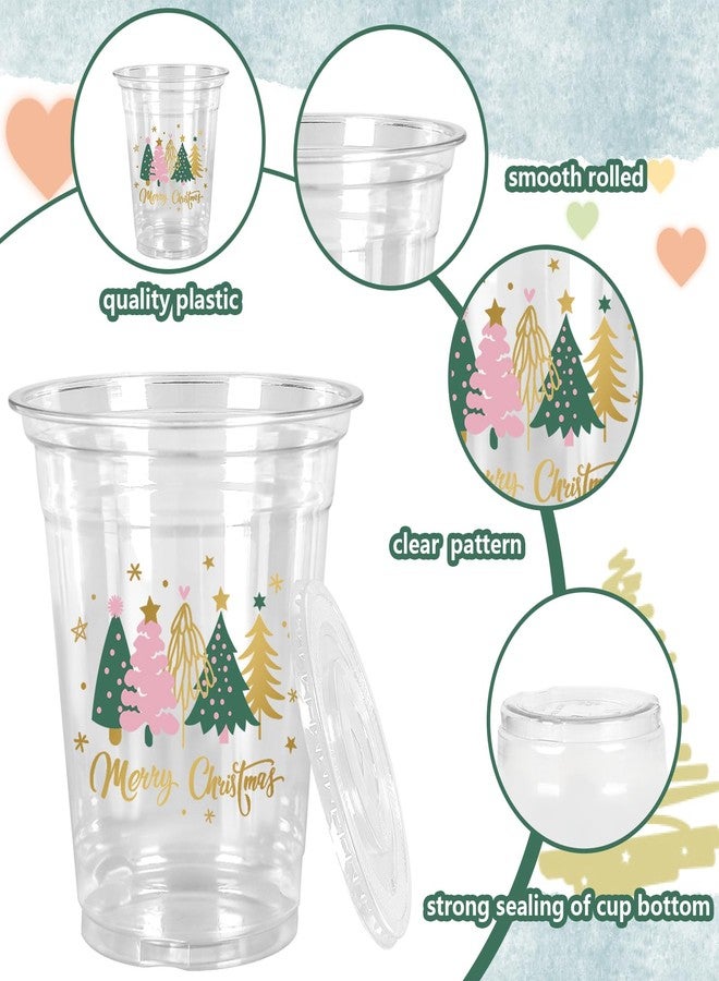 JarThenaAMCS 50Pcs Christmas Plastic Cups with Lids Straws Boho Xmas Tree Drinking Cup 12oz Pink Green Gold Holiday Disposable Cups for Xmas Winter Baby Shower Family Gatherings Decorations Supplies - Image 3